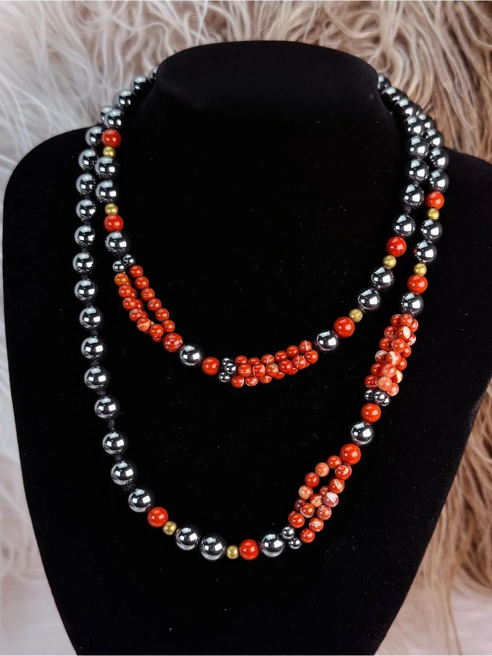Vintage Long Hematite Necklace Red Orange Accent Beads Estate Statement
